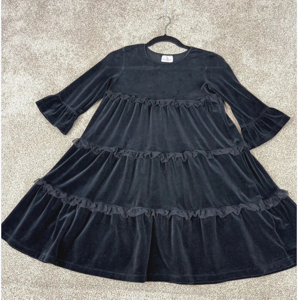 Hanna Andersson Girls Black Velvet Tiered‎ Ruffle Dress Size 140 US 10 Holiday
